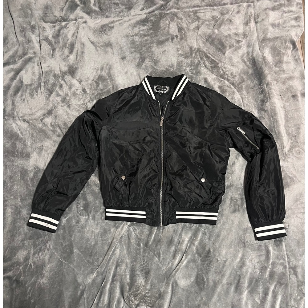 Ambiance Black Bomber Jacket Striped Ribbed Trim Varsity Style Full Zip Large